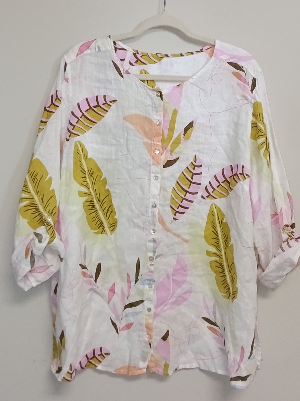 100% Linen 1X White Pink  Yellow Leaf Print Button Front Tunic Lagenlook Resort